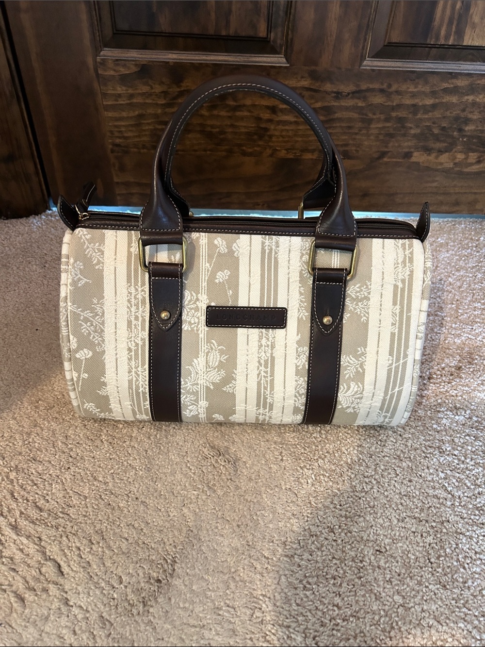Longchamp Beige and Brown Striped Floral Satchel